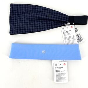 Lululemon Headband Lot of 2 Houndstooth Nulu Wide Reversible Blue Fly Away Tamer
